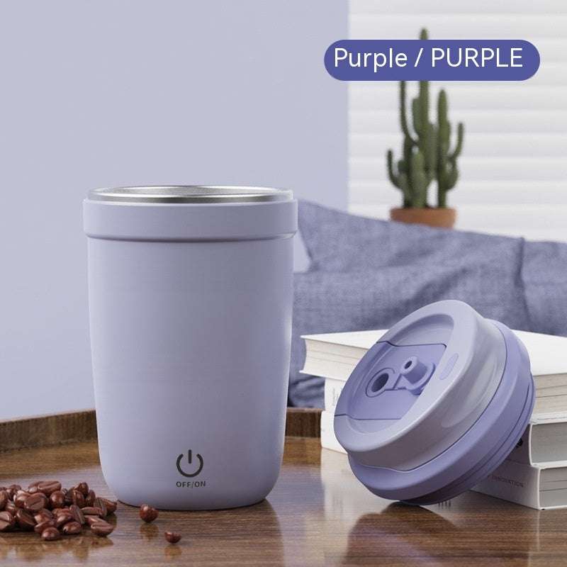 Purple Magnetic Self Stirring Colourful Coffee/Water Cup Self Stirring Button On The Lower Half And On The Side Of The Mug. Button Is A Digital Button