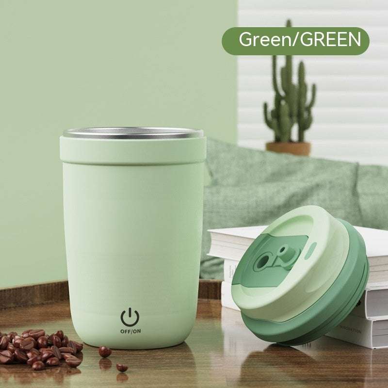 Green Magnetic Self Stirring Colourful Coffee/Water Cup Self Stirring Button On The Lower Half And On The Side Of The Mug. Button Is A Digital Button