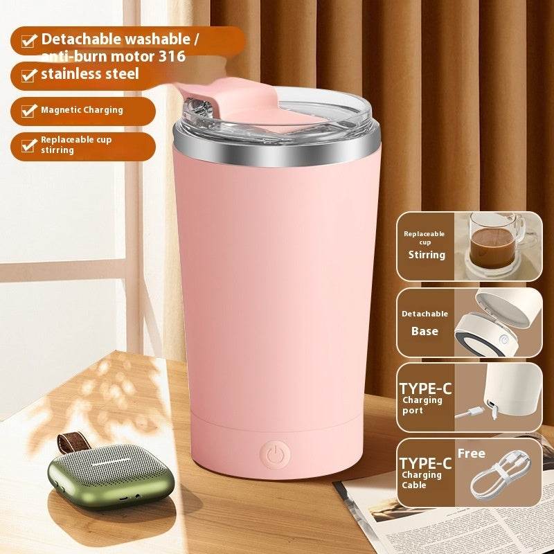 Pink Self Stirring Vibrant Coffee Mug Self Stirring Button On Lower Half And On The Side