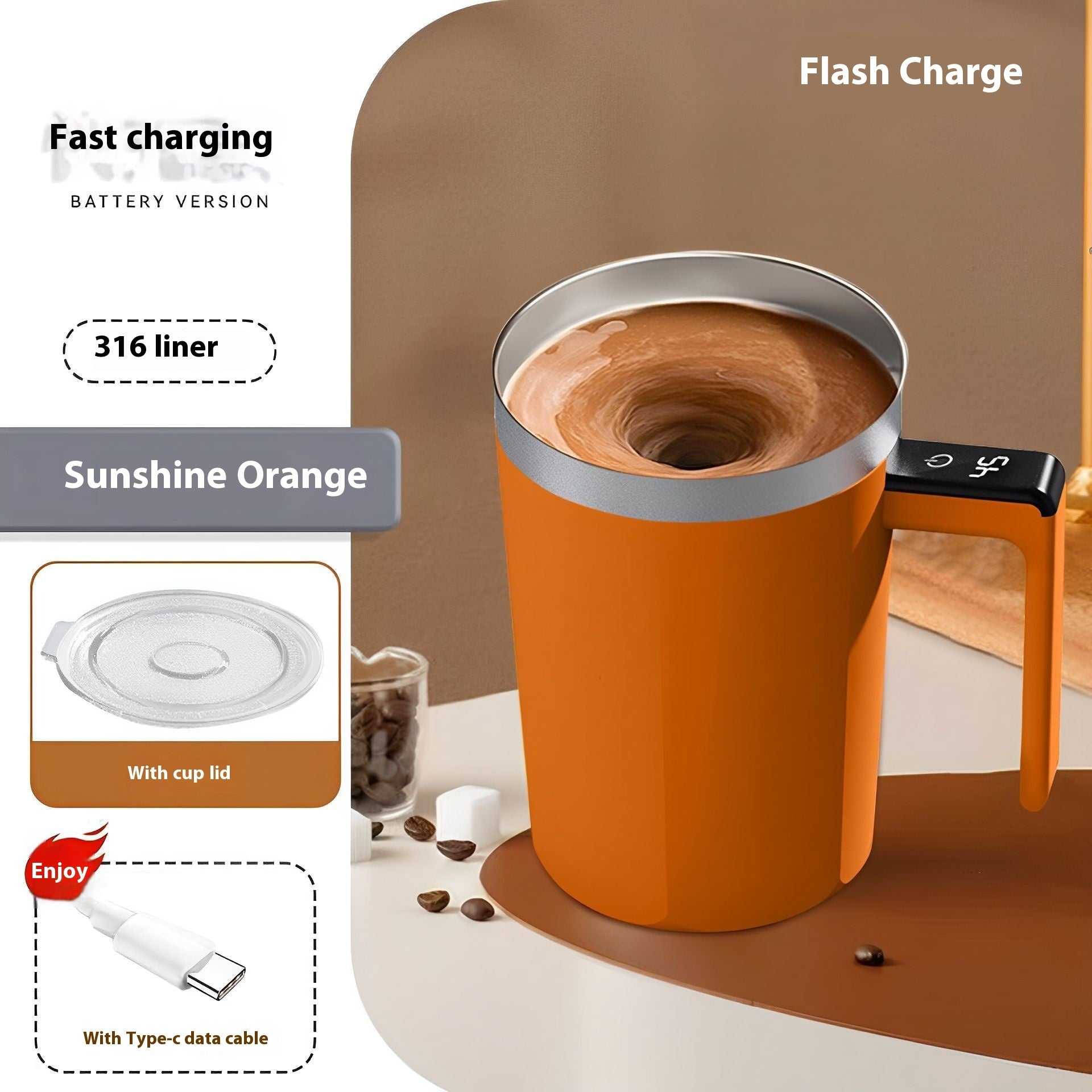 Orange Magnetic Self Stirring And Self Heating/Cooling Mug Self Stirring Button On Handle. Button Is A Digital One Press Button