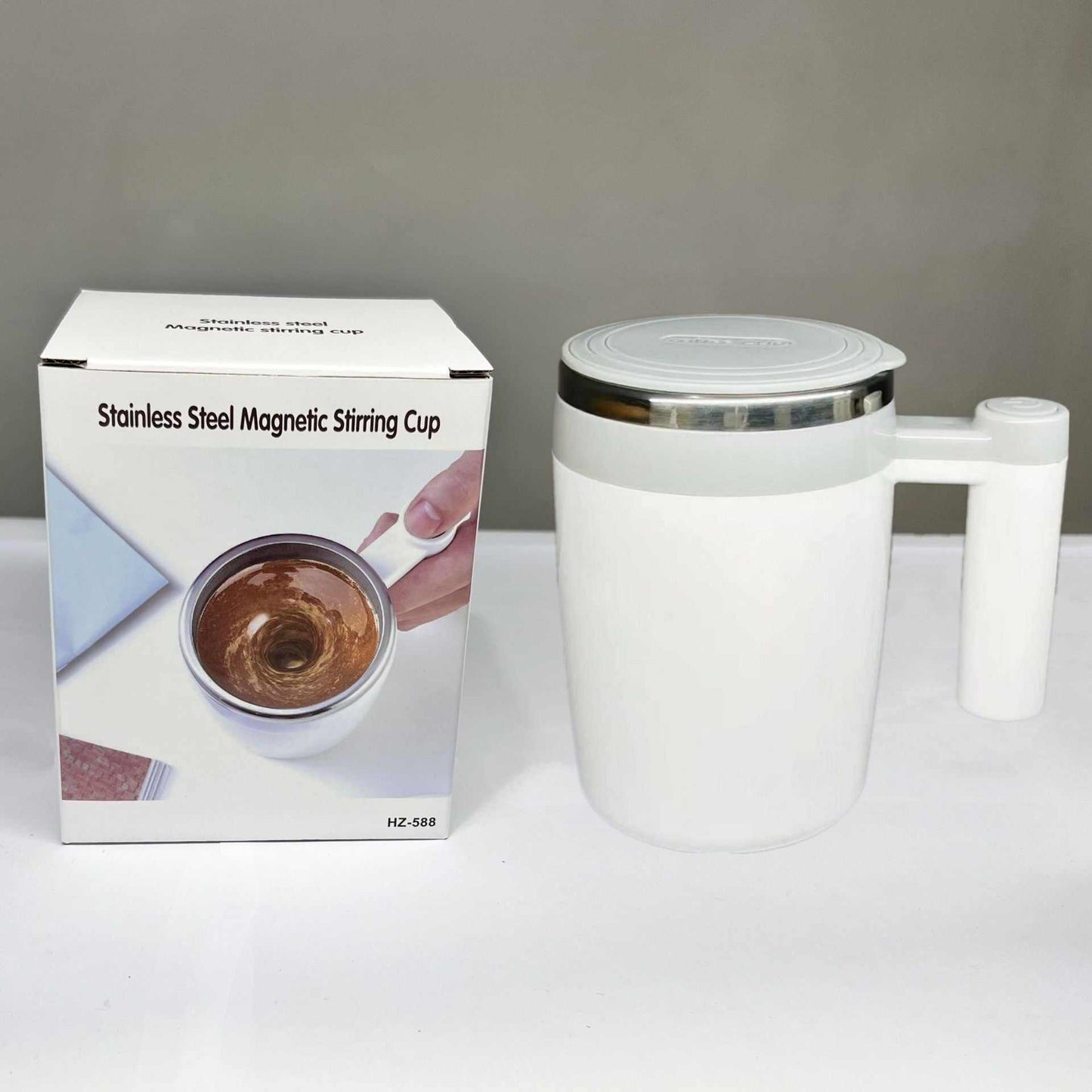 White And Gray Battery Version Self Stirring Solid Color Magnetic Coffee Cup Self Stirring Button On Handle