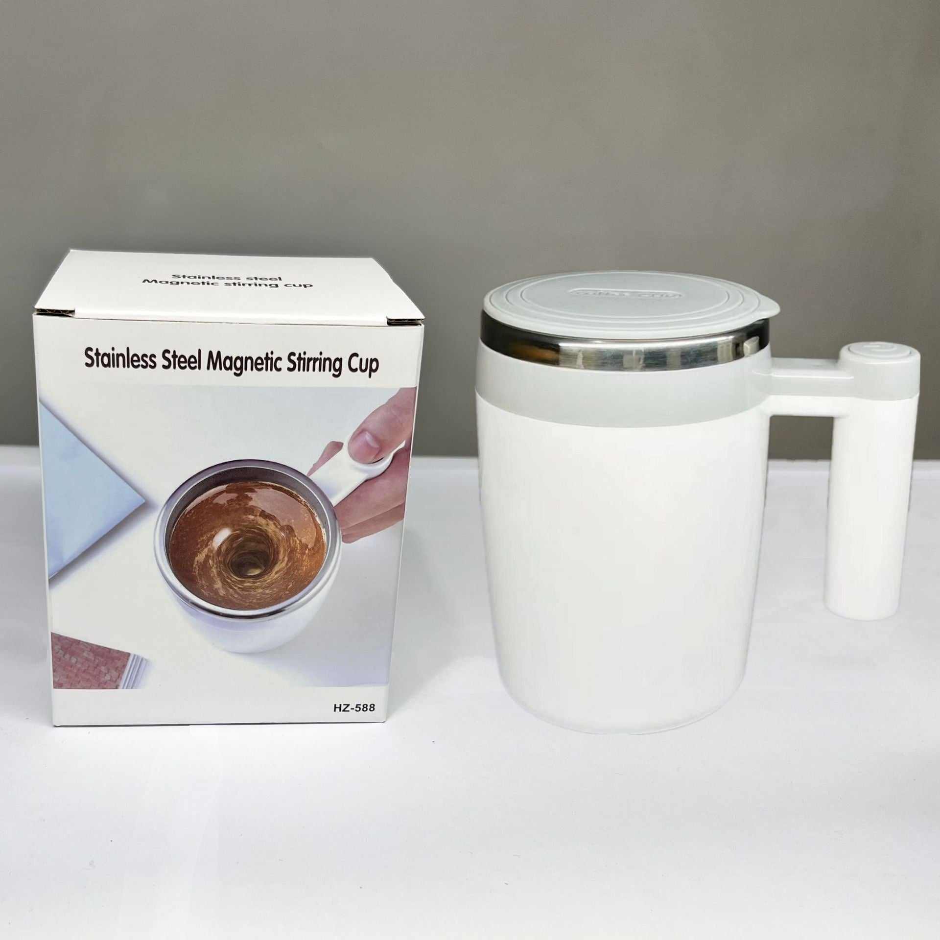 White And Gray Battery Version Self Stirring Solid Color Magnetic Coffee Cup Self Stirring Button On Handle