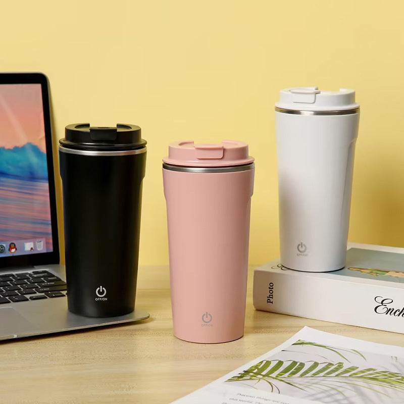 Pink Magnetic Automatic Stirring Portable Coffee Mug Self Stirring Button On Lower Half And On The Side Of The Mug. Button Is A Digital Button
