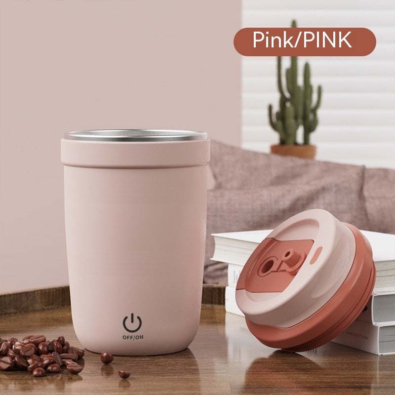 Pink Magnetic Self Stirring Colourful Coffee/Water Cup Self Stirring Button On The Lower Half And On The Side Of The Mug. Button Is A Digital Button