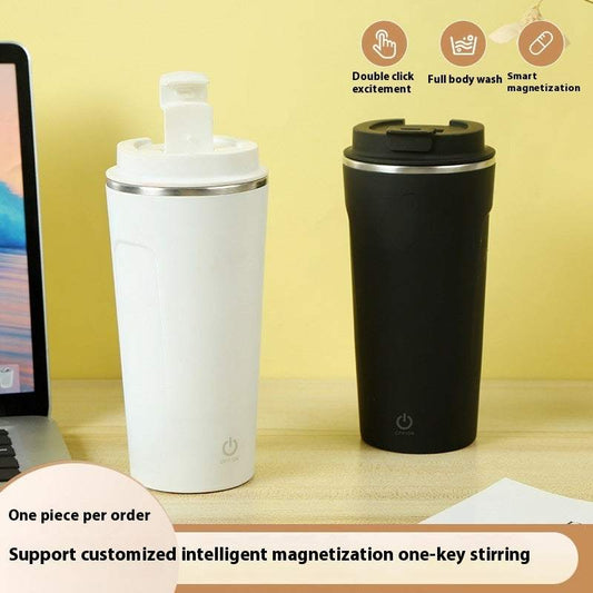 Magnetic Automatic Stirring Portable Coffee Mug Self Stirring Button On Lower Half And On The Side Of The Mug. Button Is A Digital Button