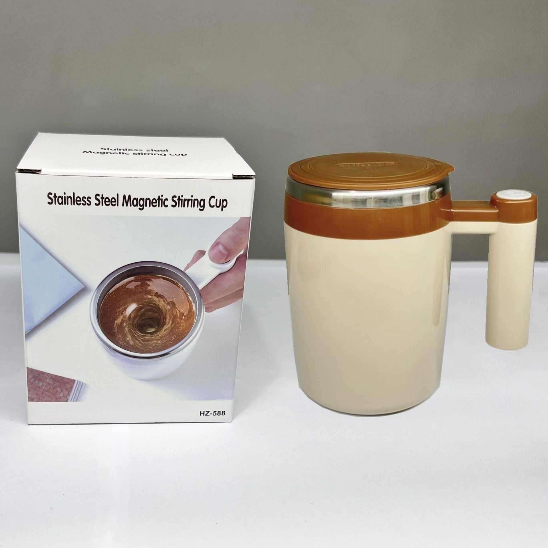 Brown And Cream Battery Version Self Stirring Solid Color Magnetic Coffee Cup Self Stirring Button On Handle
